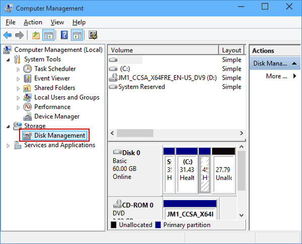 Chọn Disk Management ở bên trái